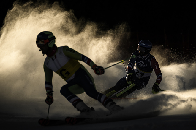 Le Français Hyacinthe Deleplace et son guide Roy Piccard participent à la première manche du slalom hommes déficients visuels des championnats du monde FIS para, le 29 janvier 2023 à Espot, en Espagne (© Gabriel Monnet
